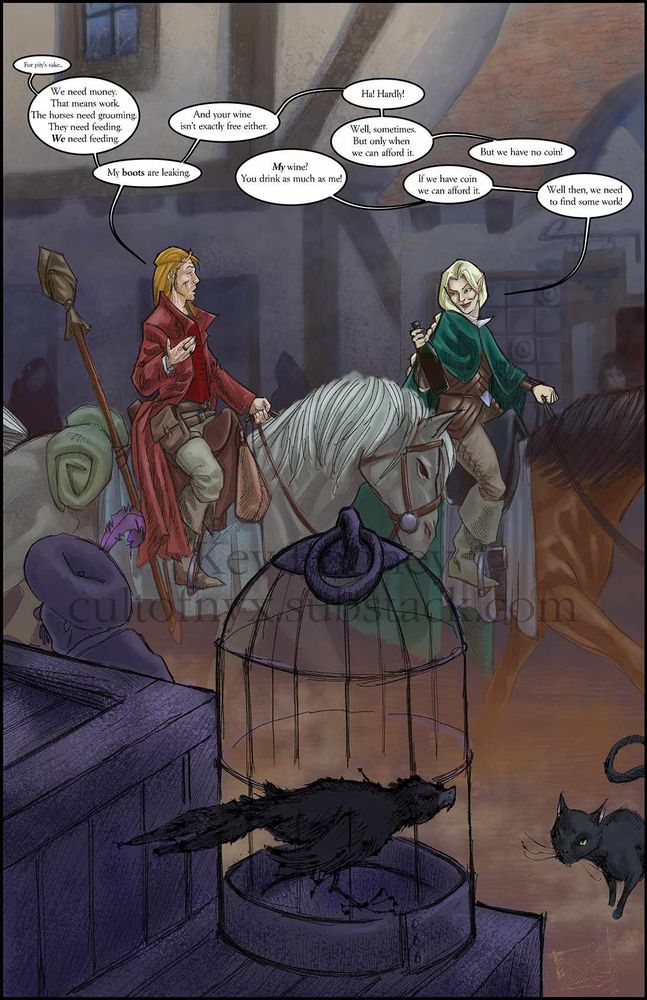 Page of comic book art from a strip entitled 'The Truth They Want'. Two fantasy characters - a mage in a red coat and an elf in green - ride through a town arguing about money.