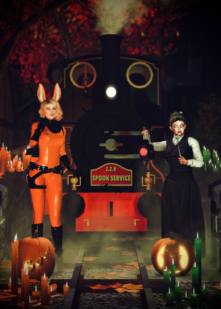 The Zany Zen and Eesoov Elan standing in front of the Zany Zen Railway Locomotive Gwlith, surrounded by candles and pumpkins