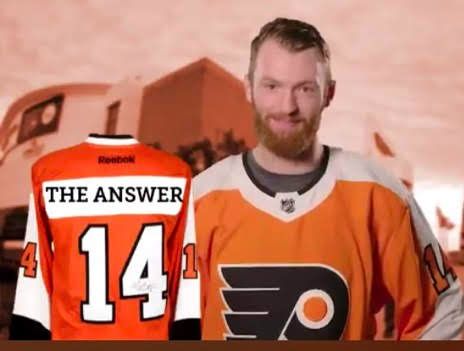 An edited graphic of Sean Couturier and the back of his jersey. It reads #14 with the name "The Answer"