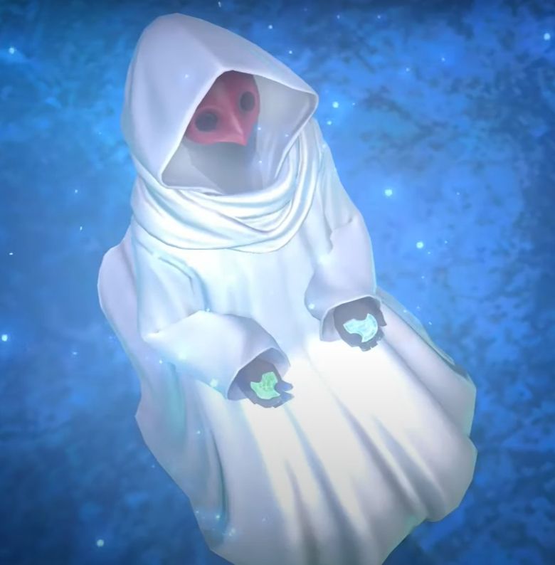 Elidibus as he appears in his Amaurotine form, with a white robe and red mask. He kneels down, holding the Convocation Crystals of Lahabrea and Igehoyrm in his hands.
