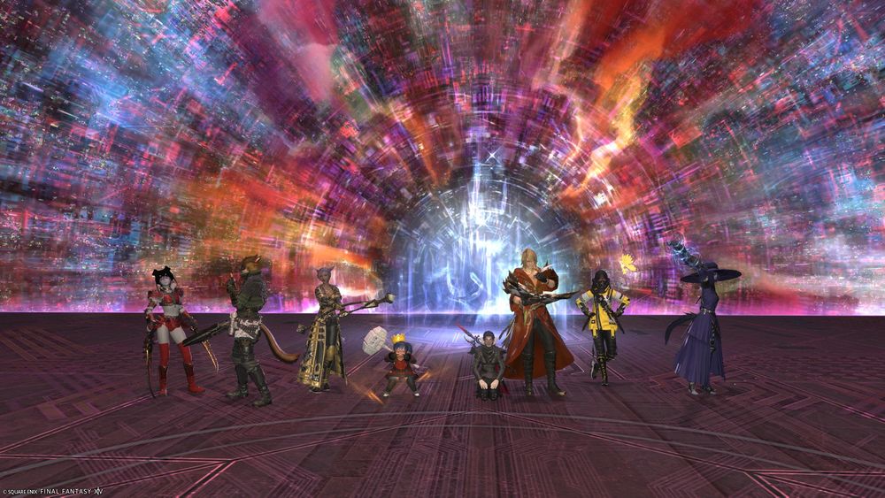 Eight Final Fantasy 14 characters standing together on a mechanical platform with a swirling technicolor background. They are in various celebratory poses after defeating the newest extreme trial.