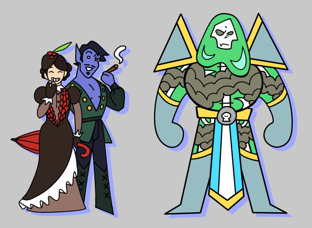 Two simplified, high-color depictions of two dungeons and dragons characters: a duo on the left consisting of Lumella and Rufio, two high-class personas of an absent changeling (Lumella sporting a high-detailed red-black dress with long ruffles, and Rufio a revealing drow smoking a cigar) and the rightmost character being a large, intimidating slime by the name of Help, wearing broken chainmail overtop a thick, green ooze that retains a humanoid form over its skeleton.