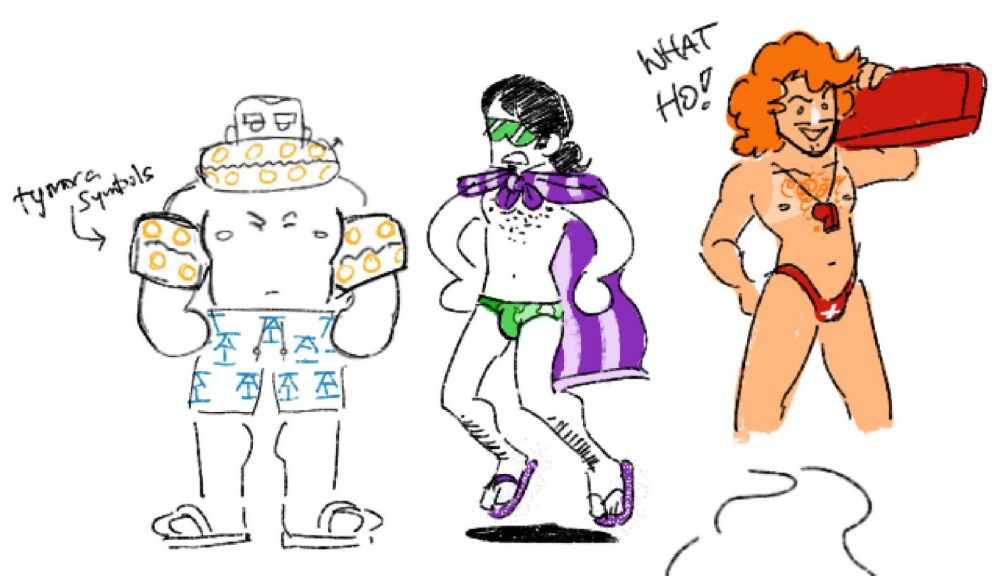 acquisitions incorporated fanart. omin dran wears acq inc branded shorts and has three tymora branded pool floaties (one around his neck, to call to his normal scarf). jim darkmagic floats an inch off of the ground with green flame sunglasses, a purple towel wrapped around his shoulders like a cloak, and a green flame set of swimmers briefs. viari is the last character, going for a sexy lifeguard look, wearing sunscreen on his nose and a red thong with a white medical cross on it. he also has a lifeguard's whistle and a tan line implying a bikini top.