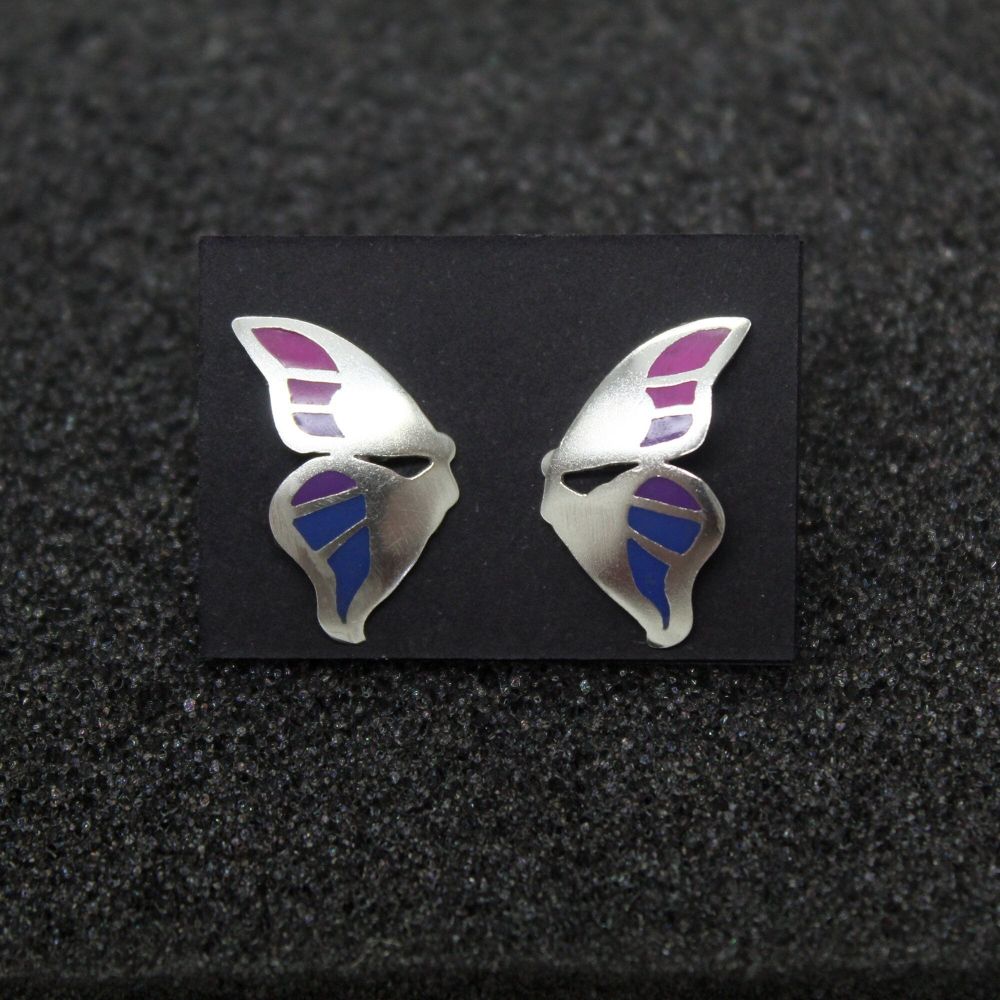 Mariposa morada y azul pendientes en plata 925