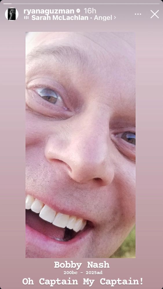ryan guzman’s insta story. an up close picture of peter krause smiling into the camera. the bottom says “bobby nash 200bc-2025ad oh captain, my captain”