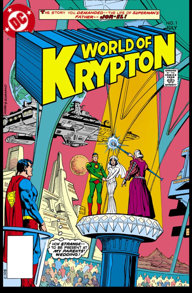 WORLD OF KRYPTON #1 cover image features Superman as a guest at the wedding ceremony of Jor-El and Lara. 