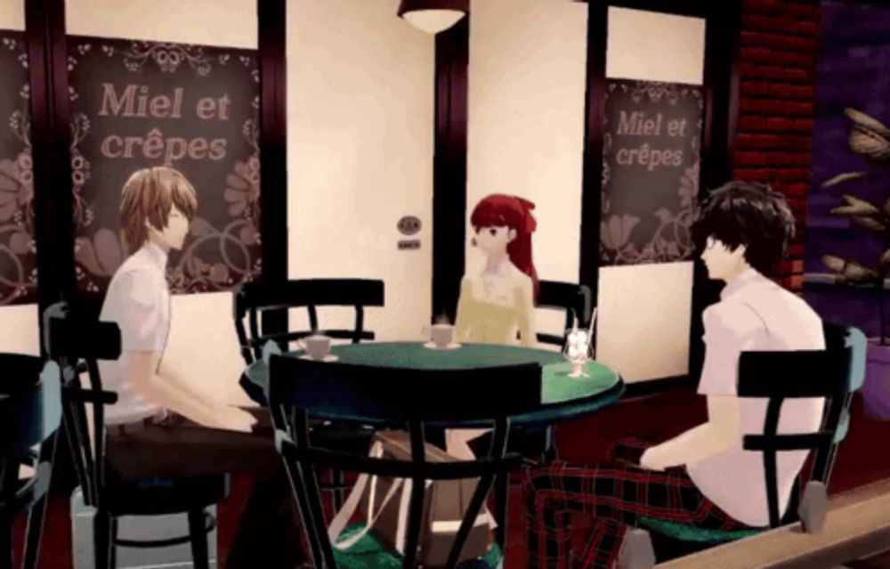 three people sit at a table with a sign that says miel et crepes