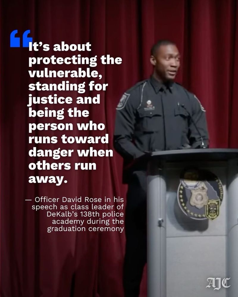 A still of Officer David Rose speaking as class leader of Dekalb’s 138th police academy during their graduation ceremony. Quote: “It’s about protecting the vulnerable, standing for justice and being the person who runs toward danger when others run away.”