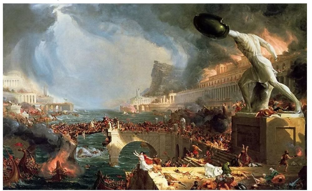 The image is Thomas Cole's painting titled The Course of Empire: Destruction, part of a five-painting series created between 1833 and 1836. This painting depicts the ruin of a civilization, symbolizing the destruction of an imaginary city during war. The scene is filled with chaos and violence, showcasing burning buildings, collapsing structures, and warring figures, including a colossal statue resembling the Borghese Warrior, which has lost its head, symbolizing the loss of rational control. The series, The Course of Empire, illustrates the rise and fall of an imaginary city, with each painting representing a different stage of its development and eventual decline. Cole's work serves as a commentary on the cyclical nature of empires and potentially, a warning about the fragility of civilization, drawing parallels to the fall of the Roman Empire. 