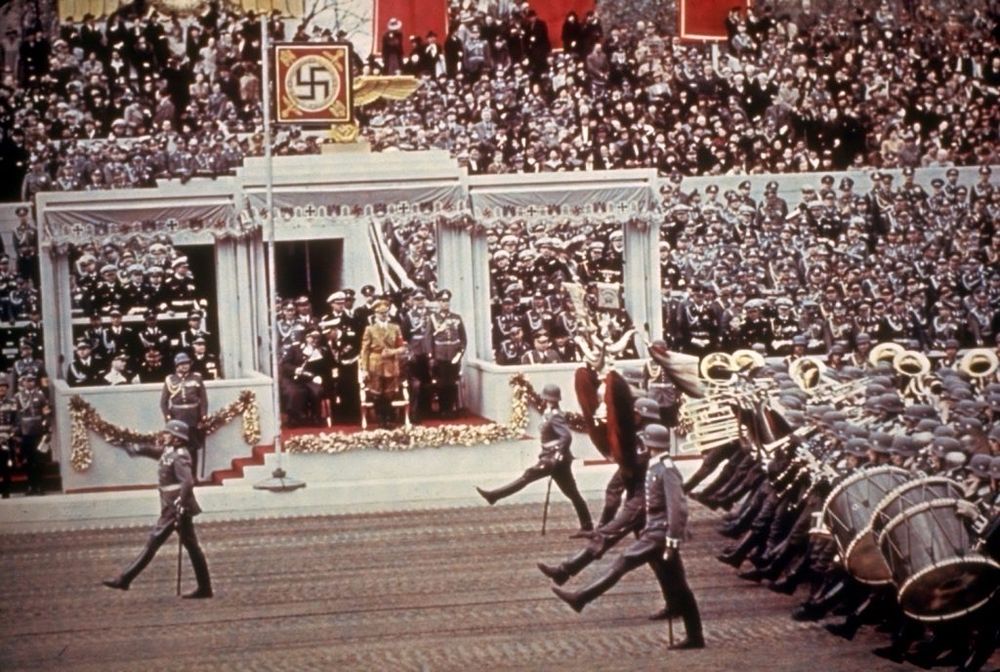 German troops goose-stepped past the reviewing stand during a massive rally and military parade in celebration of Adolf Hitler’s 50th birthday, Berlin, April 20, 1939.