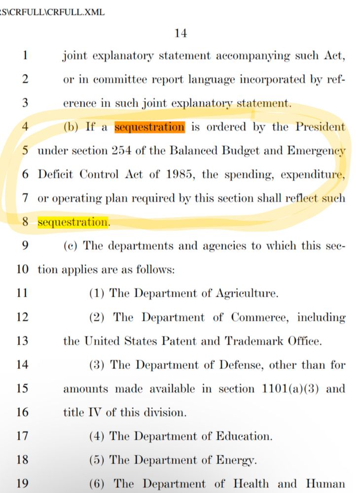 A screenshot of the continuing resolution proposed with this text highlighted:

“(b) If a sequestration is ordered by the President under section 254 of the Balanced Budget and Emergency Deficit Control Act of 1985, the spending, expenditure, or operating plan required by this section shall reflect such sequestration.”