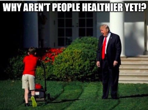 A take on the Donald Trump yelling at lawnmower boy meme. The image shows 
The image shows a young boy mowing the lawn in front of the whitehouse with Donald Trump in a dark suit and red tie standing leaning forward in his weird way with his mouth open appearing to be yelling at the boy. The caption reads "WHY AREN'T PEOPLE HEALTHIER YET!?" 