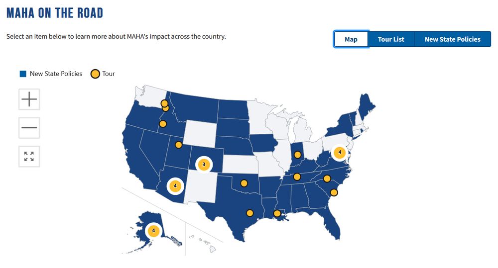 A map of the US locations the MAHA grifter tour has visited for pretty photo ops without actually doing anything to make Americans healthier. Stops include, but are not limited to, Alaska, Texas, Louisiana, and Idaho. 