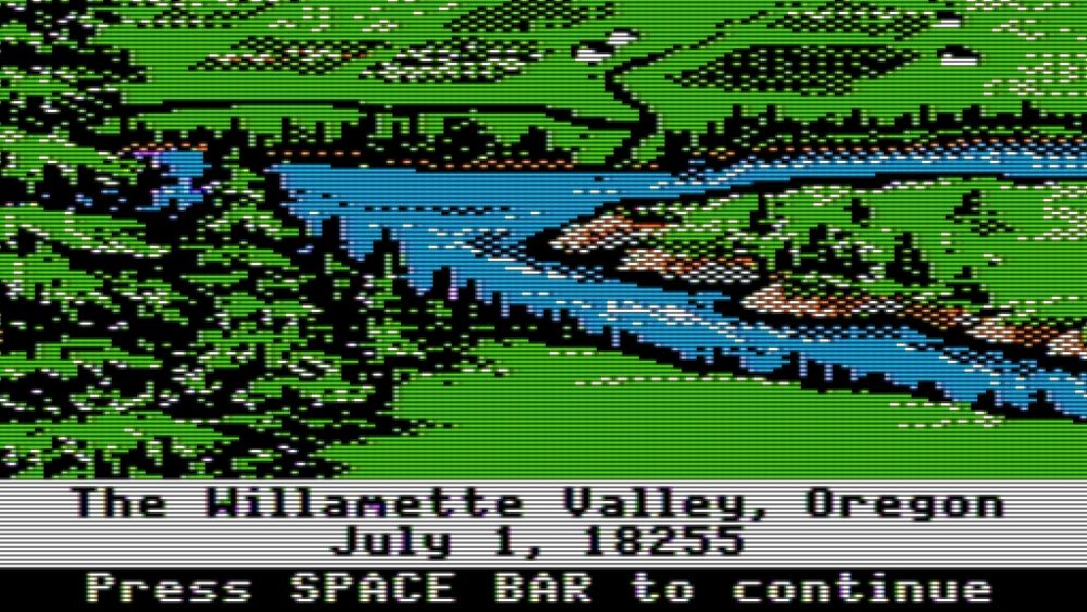 An image of the Willamette Valley, Oregon, from the Oregon Trail game. Rendered in circa-1990s graphics, a blue river winds through a green valley.