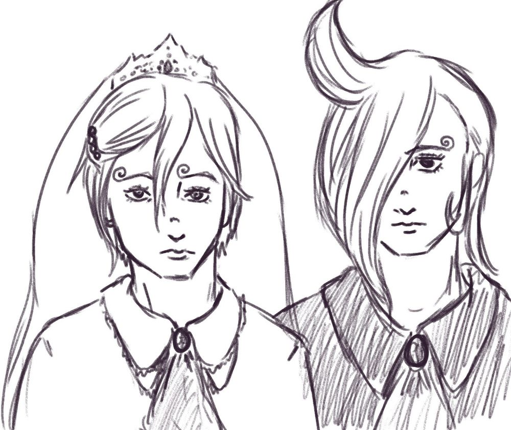 Doodle of a wedding portrait - Sanji has his hair partially pinned out of his eyes and is wearing a tiara with veil attached and a frilly top with brooch and cravat. Ichiji stands beside him with no glasses on and a stoic expression wearing a dark, less frilly top.