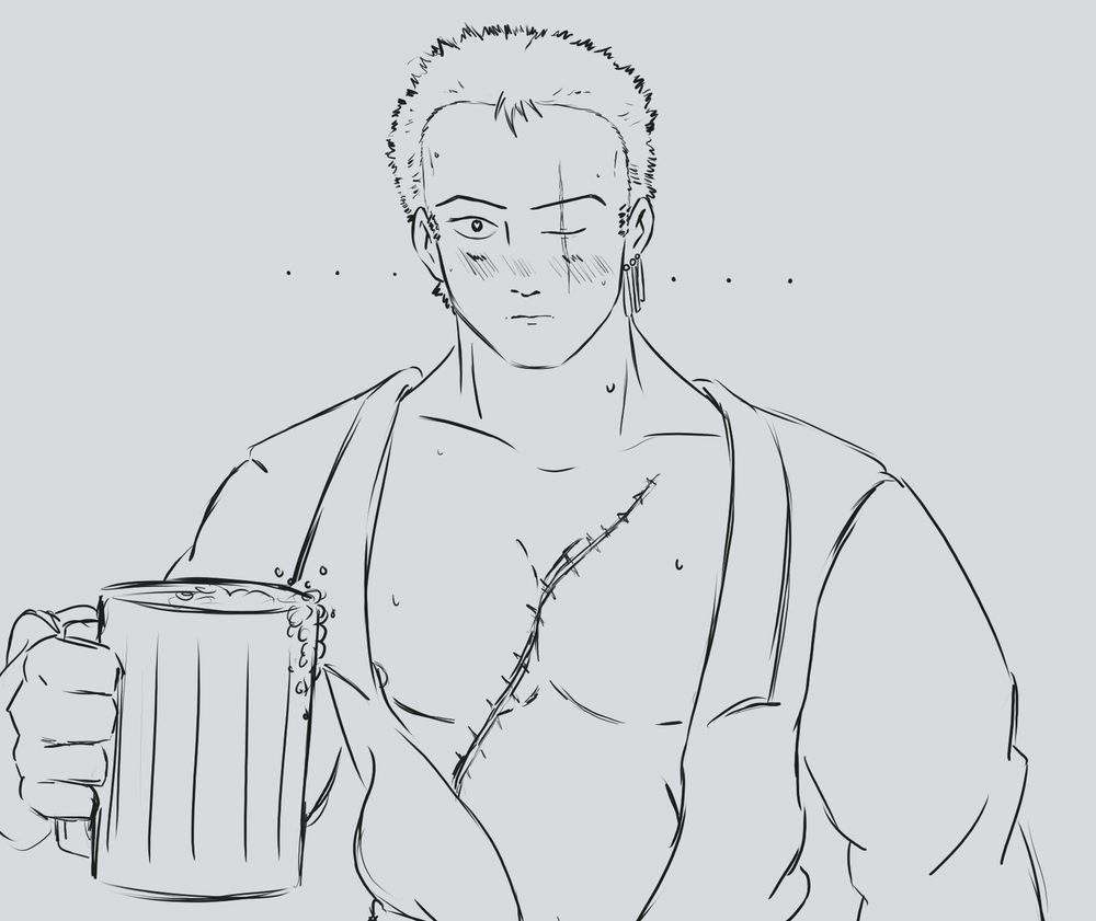Greyscale sketch - Zoro is staring towards the viewer. He's got a flush to his face and he's staring with a tiny heart in his pupil at Sanji (not pictured here) and holding a big mug of beer.