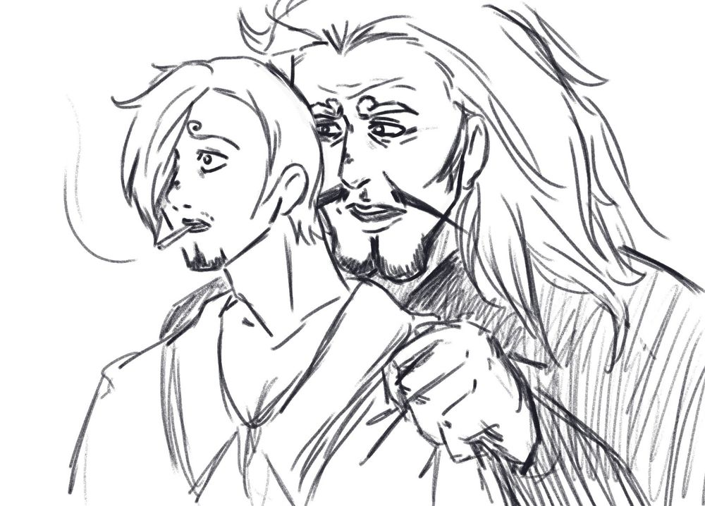 Sanji makes an expression of shock and horror, his cigarette ready to fall from his mouth. Looming behind him, his father, Judge, is murmuring something into his ear. He has no helmet on, and he's clutching Sanji's shoulder tightly in one large fist.