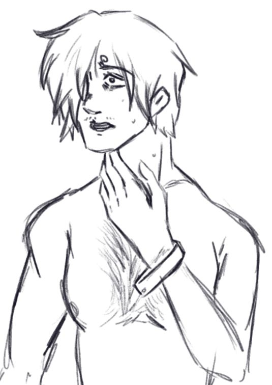 Sanji from the ribs up, nude but for the explosive bracelets, holding his throat while staring sightlessly ahead in horror. He's sweaty and looks like he's not coping with The Horrors well.