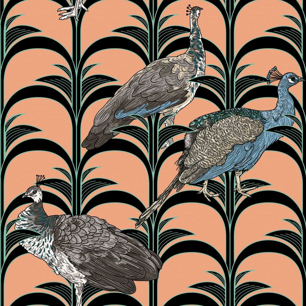 Peach pattern with graphic arched fern shapes and line artwork of peacocks and peahens standing within.