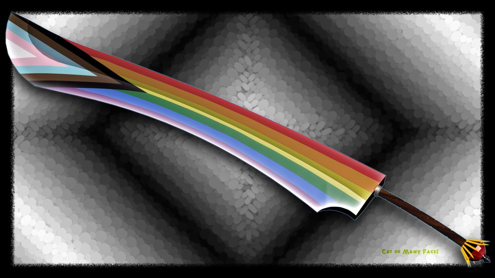 A giant curved blade made with the colors of the pride flag. The pommel is in the stylized shape of a crown.

The background is a square gradient of soft white and black circles.