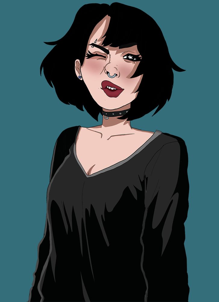 Illustration of an original character, a gothic girl grimacing
