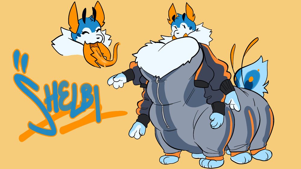 a reference sheet for an alien named shelbi. shelbi is a large curvy caterpillar-like creature, with 6 legs and 4 arms. she wears a gray bodysuit that compresses down some of her fluff, which is partially unzipped with cleavage squeezing out. on top of this, she wears a dark gray bomber jacket. both pieces of clothing have orange stripes on them. shelbi's mouth sports an orange pair of mandibles, and a long orange tongue.