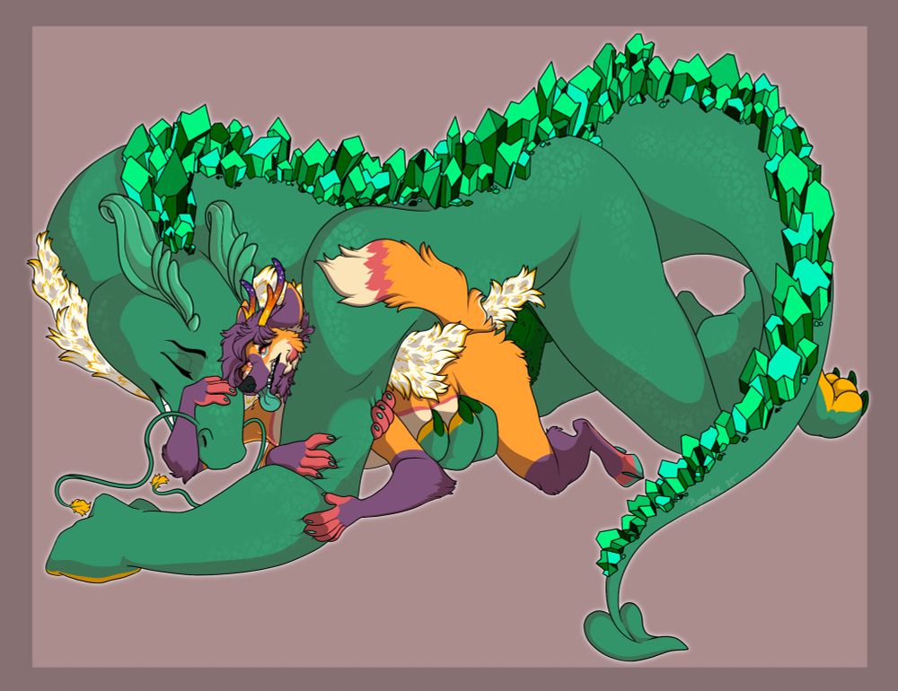 A large jade dragon having adult fun with a sunset colored Maned wolf/bee 