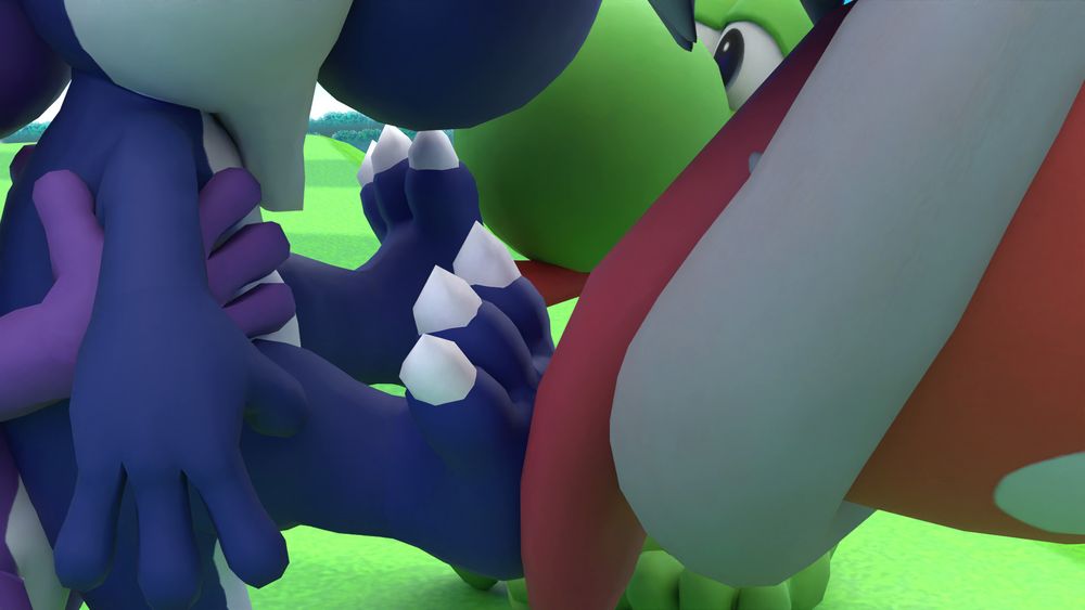 A purple Yoshi grabs and picks up Boshi from behind, with his shades taken from him and all his other usual clothes lying on ground. While he's restrained, lifted and suspended in a grapple and left with a shocked expression, another green Yoshi and a Piranha Plant take advantage of his helpless position and eagerly start licking his feet. Angle 5/8