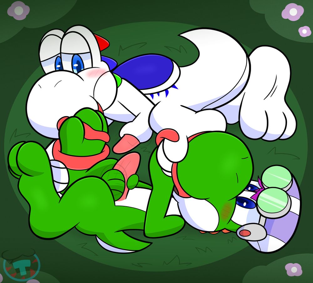 Two Yoshis lick each other's foot in a 69-ish position while mutually masturbating