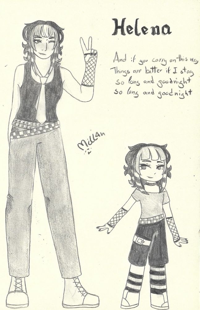 desenho a grafite de personagem com estética scene/emo de cabelo pelos ombros 
A personagem chama-se Helena, por baixo do nome tem um excerto da música Helena dos My Chemical Romance