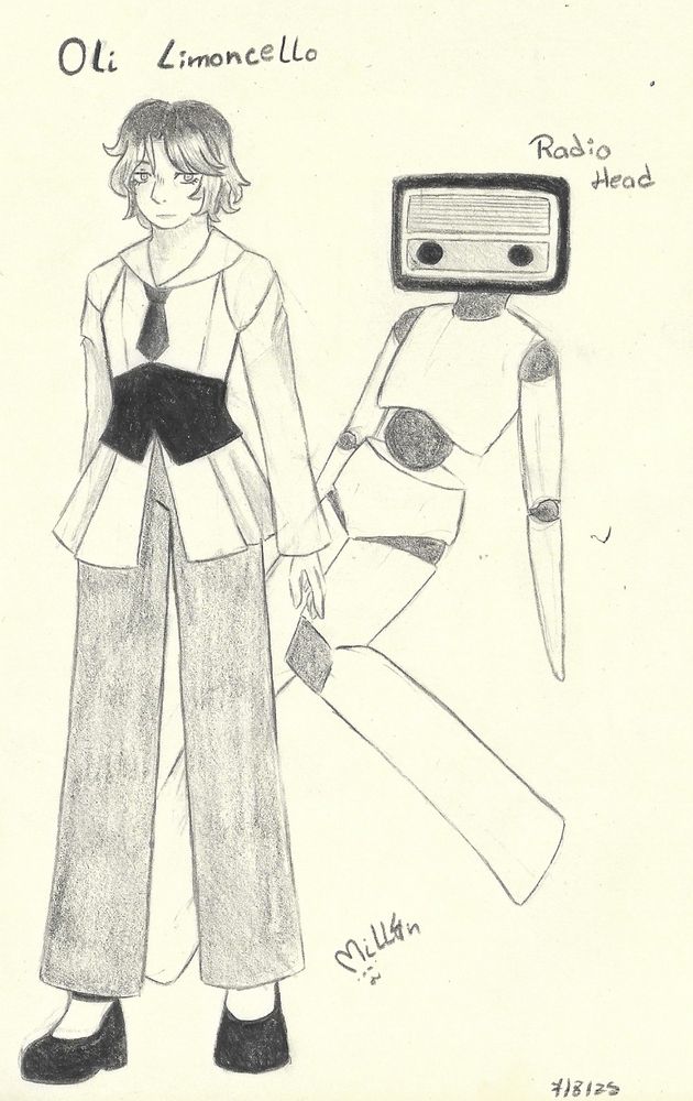 desenho de oc de Jojo part 5 chamado Oli Limoncello com seu stand Radio Head