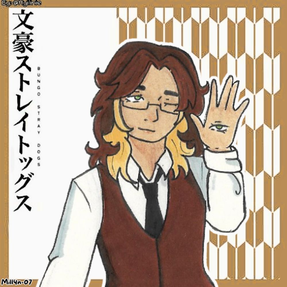 Desenho de pessoa de olhos verdes, cabelo castanho de textura fofa com mechas loiras por dentro. Veste uma camisa branca com gravata preta e colete castanho.
Tem um dia olhos fechados e tem um olho aberto na palma da mão.
O fundo é estilizado, branco e ocre 