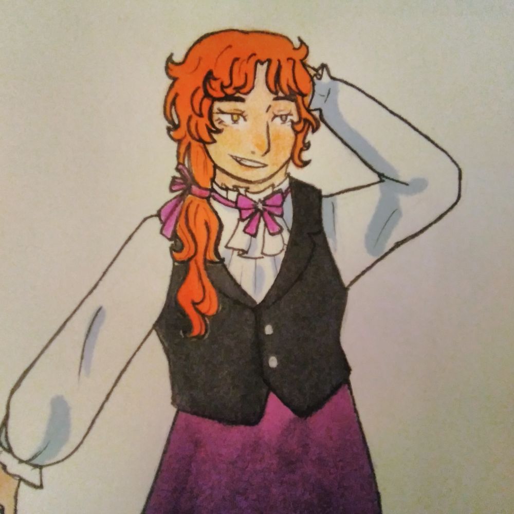 Desenho de personagem de cabelo castanho arruivado amarrado de lado, tem um olho ambar e o outro prata, e veste uma camisa branca, um colete preto e saia roxa