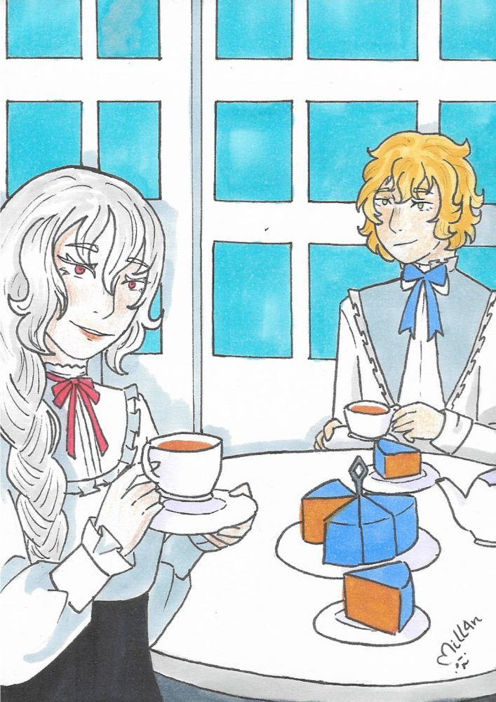 desenho de duas personagens em uma festa do chá. O personagem do plano de fundo tem cabelo curto loiro, olhos verdes, e veste uma camisa branca com a gola longa azul. A personagem do plano da frente tem cabelo loiro em uma trança, olhos vermelhos, e veste uma camisa branca com fita vermelha e saia preta. Os personagens são ocs de Bungou Stray Dogs baseados no escritor Lewis Carroll