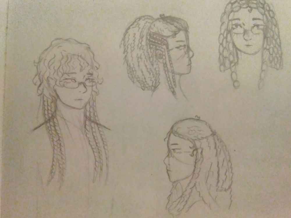 Vários desenhos de teste do novo design da minha oc Charlote Brontë 