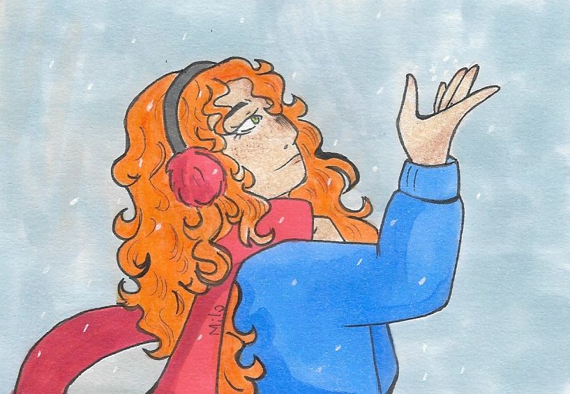 desenho de personagem de pele clara, com olhos verdes e cabelo longo encaracolado ruivo. Usa uns tapa orelhas vermelhos, uma camisola azul e um cachecol vermelho