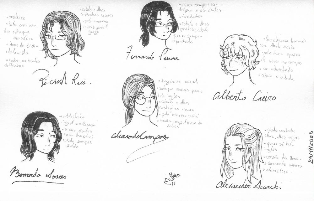 fotografia de desenho a caneta de 6 personagens (a cabeça) e cada um deles está acompanhado de uma assinatura e pequeno texto a lápis. Os desenhos estão a preto e branco mas algumas cores são dadas pela descrição a lápis.
Fernando Pessoa tem o cabelo (pelos ombros, quase sempre amarrado) e os olhos pretos, pele clara, usa óculos e está quase sempre de chapéu. Trabalha como tradutor. 
Ricardo Reis tem cabelo (acima dos ombros) e olhos castanhos escuros, pele morena, nariz de perfil grego (acho eu), e usa óculos. Segundo a descrição, é médico, fala com um leve sotaque brasileiro, é dono da Lídia (que é uma gata), é helenista e rouba os óculos de Pessoa.
Alberto Caeiro tem cabelo louro (quase branco) meio curto e ondulado, olhos azuis e sardas. Tem pele clara, um ar adoentado e odeia a cidade.
Álvaro de Campos tem cabelo liso amarrado, sendo castanho escuro, tal como os olhos e tem pele "moreno mate". Tem nariz aquilino e usa um monóculo. É engenheiro naval, tem sotaque escocês quando fala inglês, e é o mais impulsivo de todos.
Bernardo Soares é igual a Pessoa, mas não usa óculos e tem o cabelo solto. É contabilista e tem uma expressão apática.
Por último, Alexander Search tem cabelo longo castanho claro, parcialmente amarrado, e olhos negros, e tem o nariz aquilino. Quase só fala inglês, e é uma versão do Pessoa e Bernardo menos melancólica