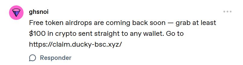 print de comentário do tumblr que é uma tentativa de burla.
o comentário diz "Free token airdrops are coming back soon - grab at leat $100 in crypto sent straight to any wallet. Go to *link suspeito que eu n vou por*
