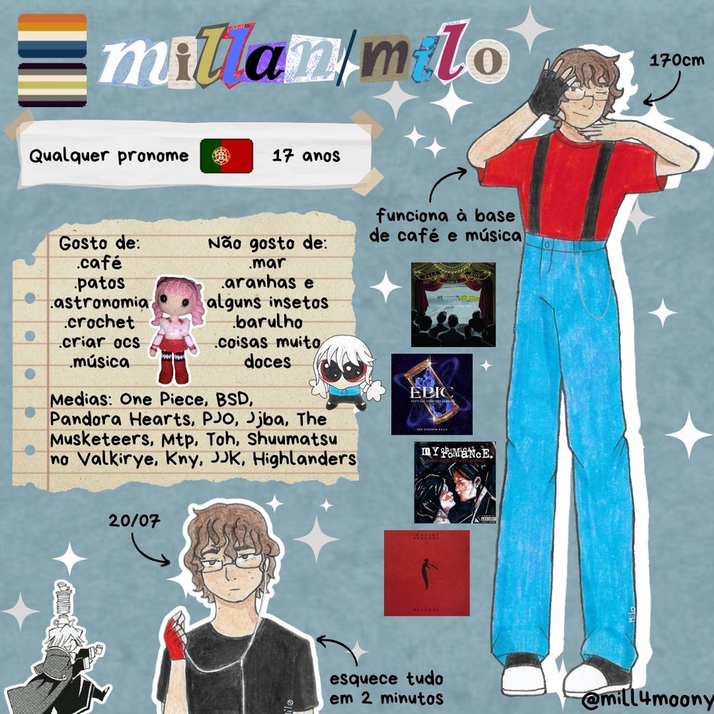 colagem para um meet the artist de Millan/Milo.
tem dois desenhos de uma pessoa com cabelo castanho curto meio desgrenhado, olhos castanhos e óculos. Na imagem de baixo usa uma camisa preta com uma luva vermelha sem dedos, e está a usar fones. Na imagem de corpo inteiro usa uma camisa vermelha com suspensórios, calça azul e tenis pretos.
Usa qualquer pronome, é aroace e agénero, tem 17 anos e é de Portugal. Gosta de café, patos, astronomia, crochet, criar ocs e música, e Não gosta de mar, aranhas e alguns insetos, barulho e coisas muito doces. Gosta de Epic, Fall Out Boy, Imagine Dragons e My Chemical Romance. Gosta das seguintes medias: One Piece, BSD, Pandora Hearts, PJO, Jjba, The Musketeers, Mtp, Toh, Shuumatsu no Valkirye, Kny, JJK, Highlanders. Ao redor dos desenhos, diz que tem 170cm, funciona à base de café e música, faz anos a 20/07 e esquece tudo em 2 minutos. Tem ainda uma imagem do Break de Pandora Hearts, de um amigurumi da Perona de One Piece, e de um bichinho de olhos grandes