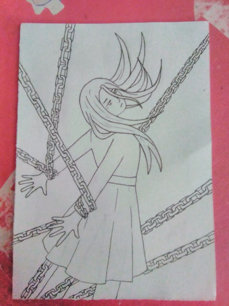 Desenho em papel apenas com lineart de personagem de cabelo longo com um casaco que lembra um vestido preso com correntes 