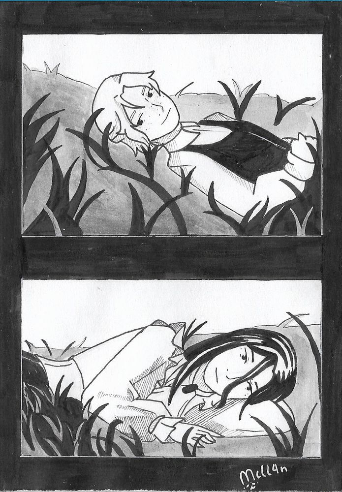 Desenho estilo painel de manga de dois personagens deitados na relva a olhar um para o outro.
O personagem no painel de cima tem cabelo claro curto, parcialmente amarrado, e veste uma camisa com um colete escuro.
O personagem no painel de baixo tem cabelo longo escuro, e veste ma camisa com alguns folhos, calça preta e um colete
