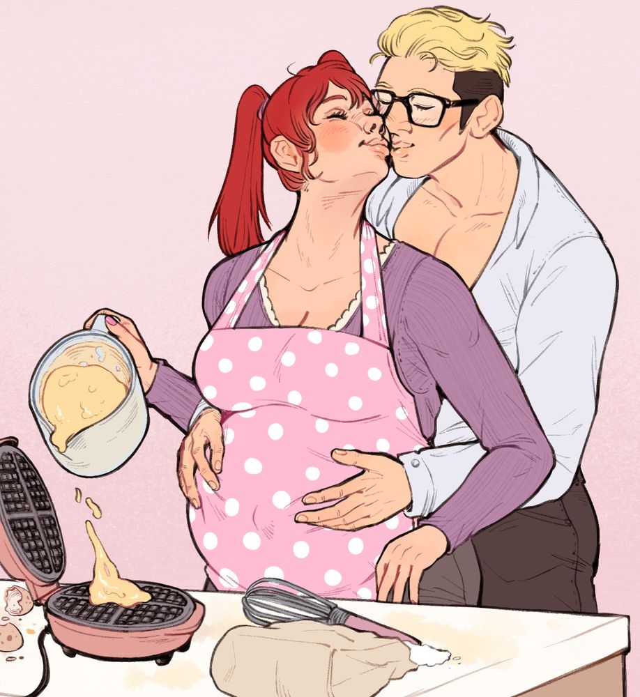 Majora, a chubby woman with long, red twin tails wearing a pink apron pours batter into a waffle maker on a very messy kitchen island. Goo hugs her from behind, holding her pregnant bump in his hands with tenderness. She bends her head back to meet his kiss. 