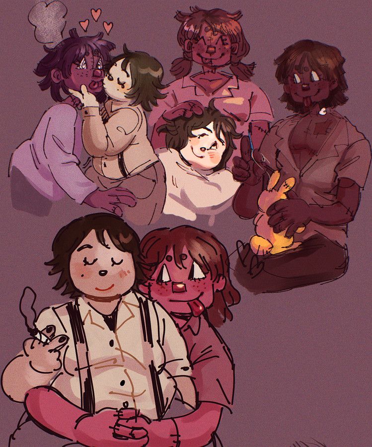 Various doodles of Wegg and Mr. Neighbor cuddling and kissing. The top left sketch shows Mr. Neighbor getting swirly eyes with steam coming off his head from overwhelming lovey feelings for Wegg. On the right is a sketch of him sewing a yellow plush bunny. In all sketches, Wegg has a mole on his cheek while Mr. Neighbor has freckles, due myself relating and looking like Wegg but having moles and my boyfriend relating to and looking like Mr. Neighbor but having freckles. 