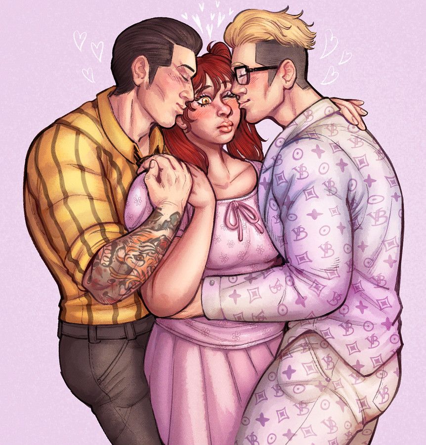 Majora squished in the middle of a group hug with Gun and Goo, both of which are kissing her blushing cheeks. Gun wears a yellow shirt with black stripes, while Goo wears a loui vuitton inspired pastel suit. He matches Majora, who is wearing a pink blouse with a long, pleated skirt. 