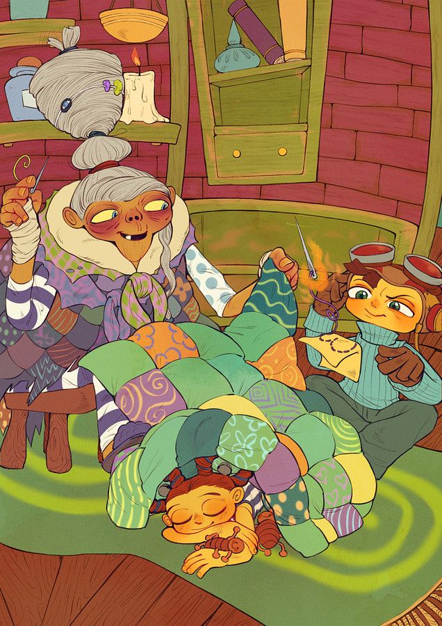 Nona Aquatto sitting in her old hut, sewing a big, quilted blanket as she teaches Raz how to embroider. Mirtala rests under the blanket, surrounded by plush fleas made by nona. Raz is using his telekinesis power to embroider a purple heart onto a yellow piece of fabric, thinking of Lili. In the background are old, green painted cabinets with chipping paint, old books and jars.  