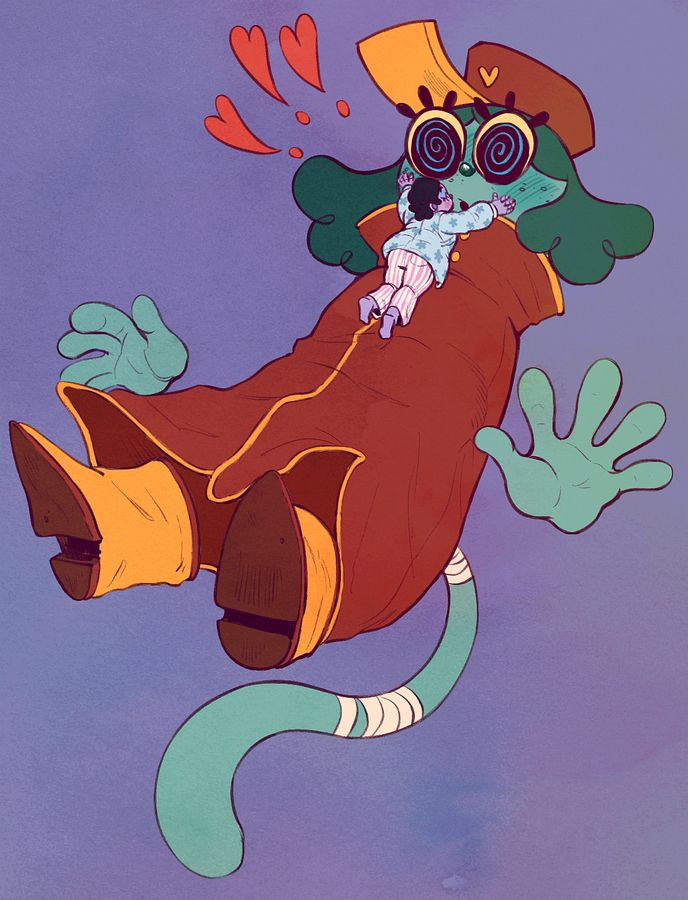 Inspekta from Great God Grove being jumped by my sona in order to give him a kiss. His face becomes flushed, his eyes turning to swirls as he's overwhelmed with lovey feelings. My sona is a short, trans man with lavender skin and dark blue, wavy hair. He is wearing a thick coat made out of pale blue, flower patterned bed sheets and pink striped pajama pants. 