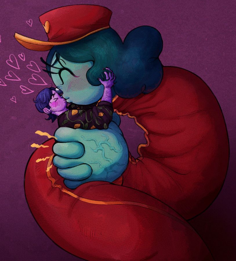 Inspekta from Great God Grove gripping my self insert in his hands while planting a big, intense kiss on his face. His long body coils around his tiny boyfriend. 