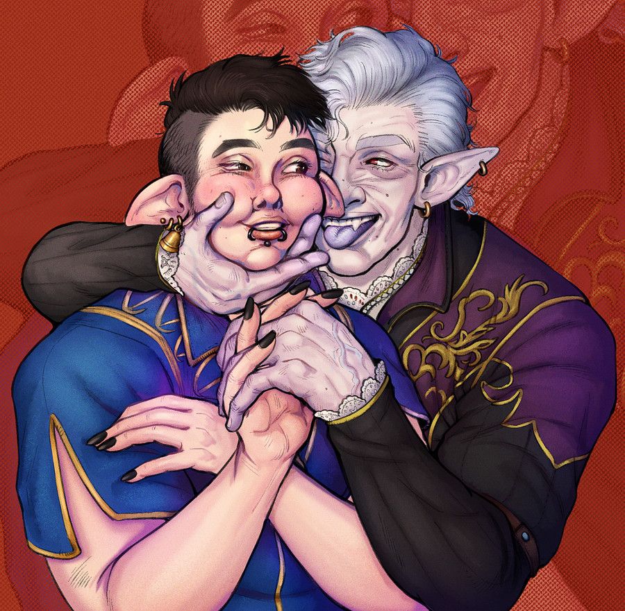 Astarion holding my self insert Dolly (a chubby dwelf with short black hair, fluffy brows and brown eyes). His left hand cups Dolly's chin, pinching his cheeks playfully. Dolly's bell earring rests against the back of Astarion's hand. His right hand holds Dolly's, their fingers intertwined. Astarion is intentionally colored with a greyish pale tone with blue-grey fingertips and tongue to signify his undead status. He also has pronounced, blue veins and wrinkles across his face because of his advanced age and me finding that hot. 