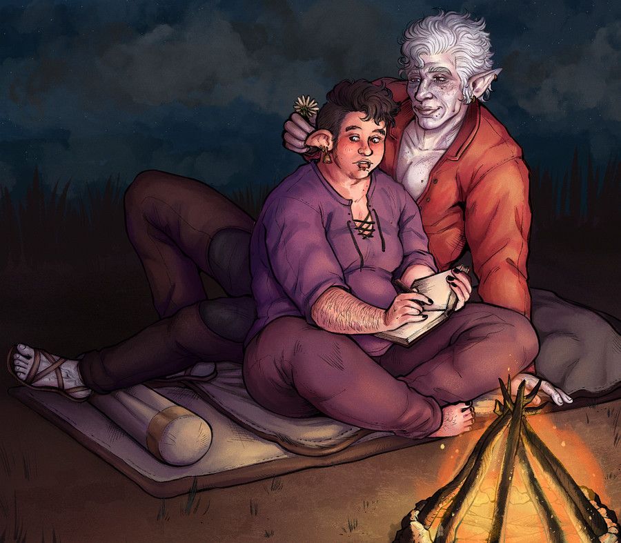 Dolly - a short, hairy, dwelf (which is a dwarf and elf hybrid) bard, sits by the campfire, sketching in his notebook. He has short, ruffled black hair, downturned, long ears and wears a plain purple shirt with brown cloth pants. Astarion joins him sitting down on Dolly's bedroll, placing a flower behind his ear with a smirk. The campfire's light illuminates them. 