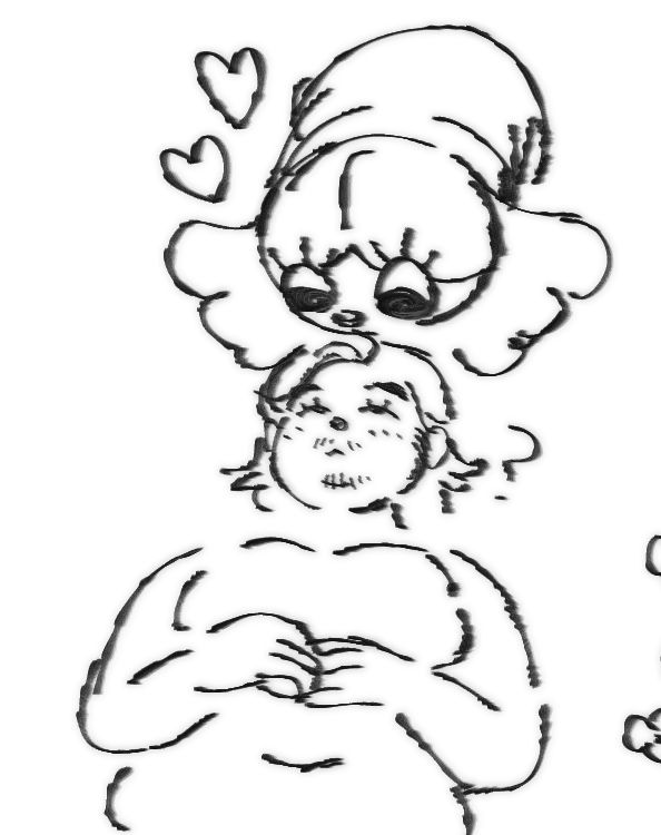 Black and white doodle of Inspekta bending over and looking down on Bimbim - a chubby trans man - with adoration and hearts floating around his head.